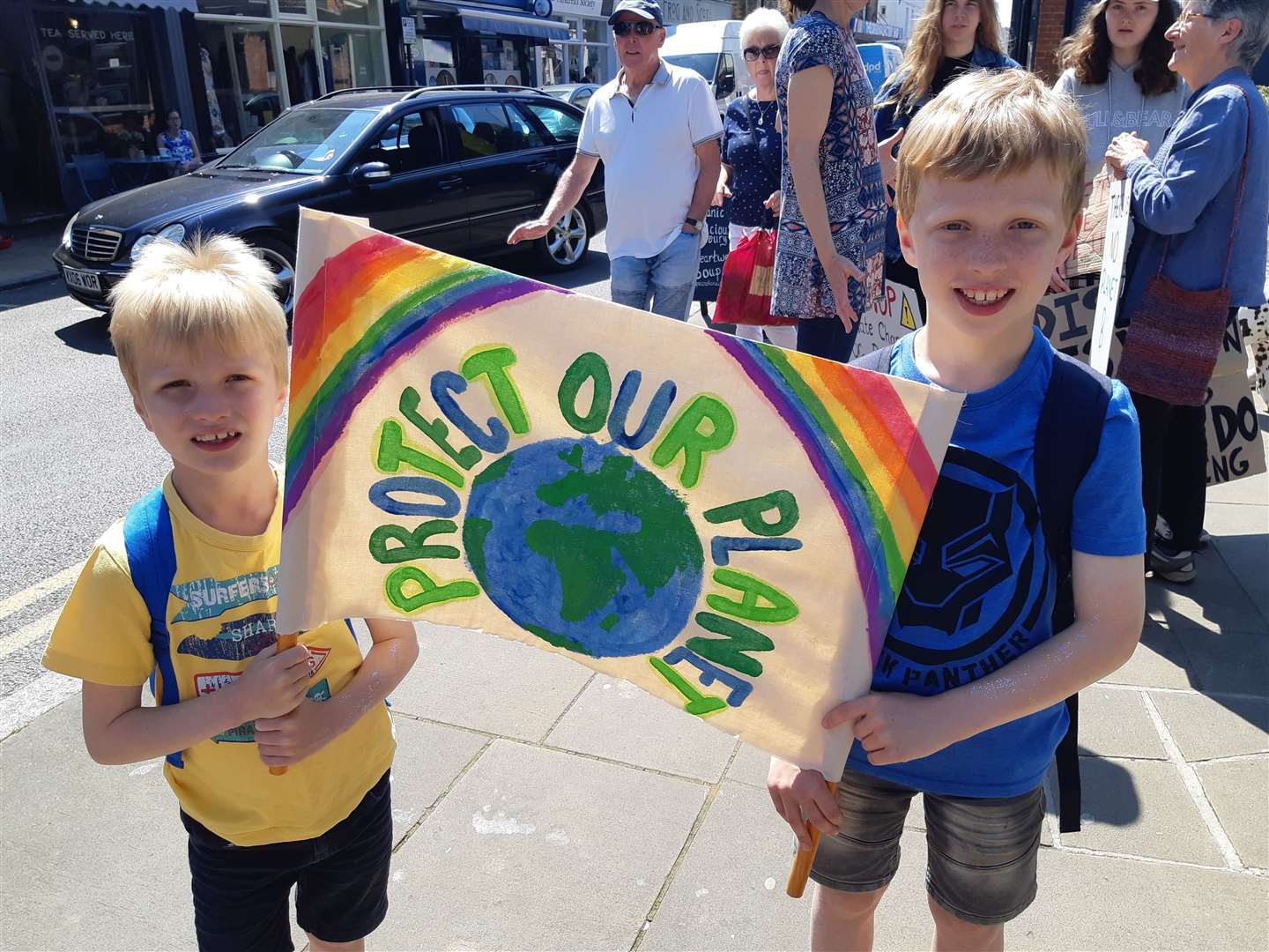 Sammy,7, left and brother Eddie Hayes, nine at the climate strike in Deal