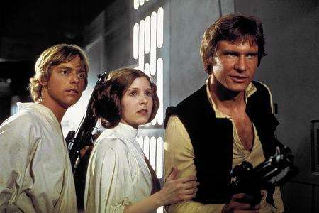 Mark Hamill as Luke Skywalker, Carrie Fisher as Princess Leia and Harrison Ford as Han Solo in Star Wars