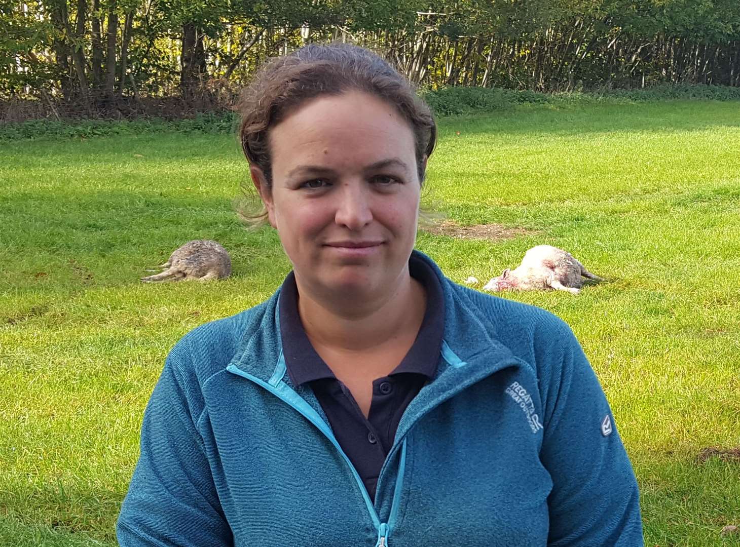 Sheep farmer Verity Garrett with dead sheep in her field following a previous dog attack in 2019