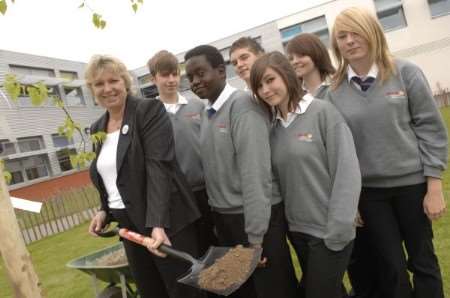 North School head Teacher Lesley Ellis with Year 10 pupils at the tree planting