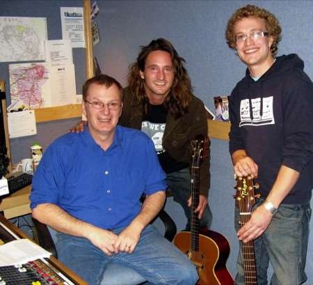 Ben Mills (centre) and Steve Higgs with breakfast show presenter Johnny Lewis