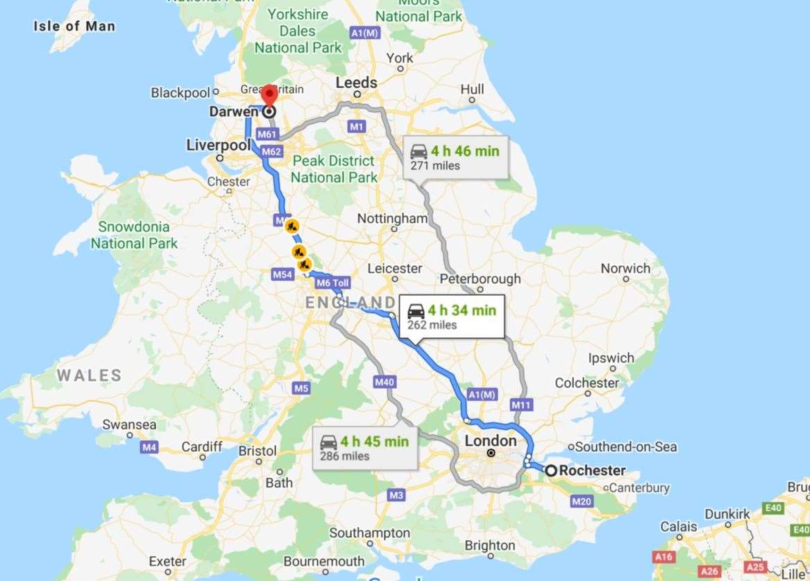 Marshall had travelled more than 260 miles to get to Rochester. Picture: Google Maps