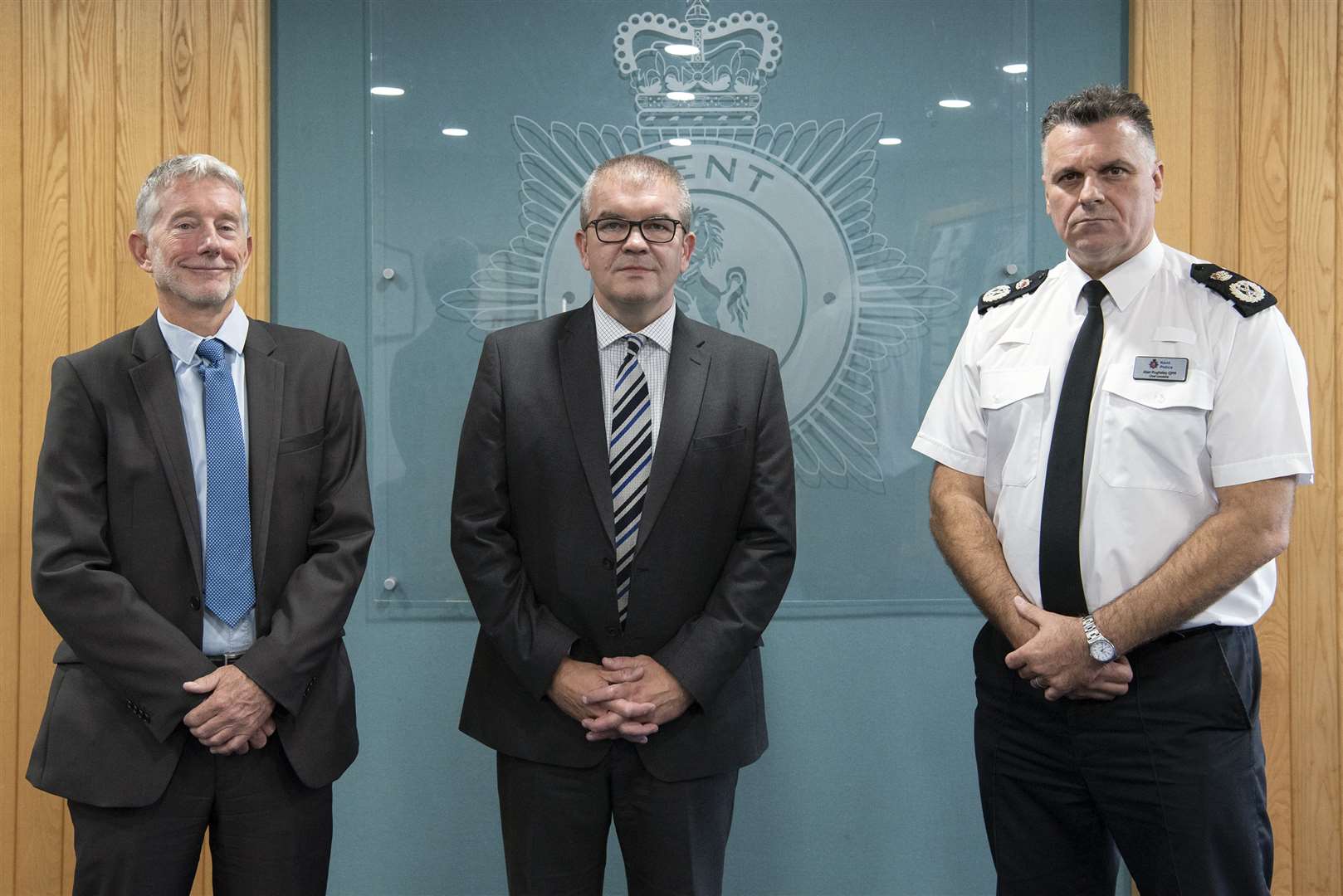 From left, the College of Policing’s uniformed policing faculty lead Richard Bennett, NPCC chair Martin Hewitt and Kent Police Chief Constable Alan Pughsley
