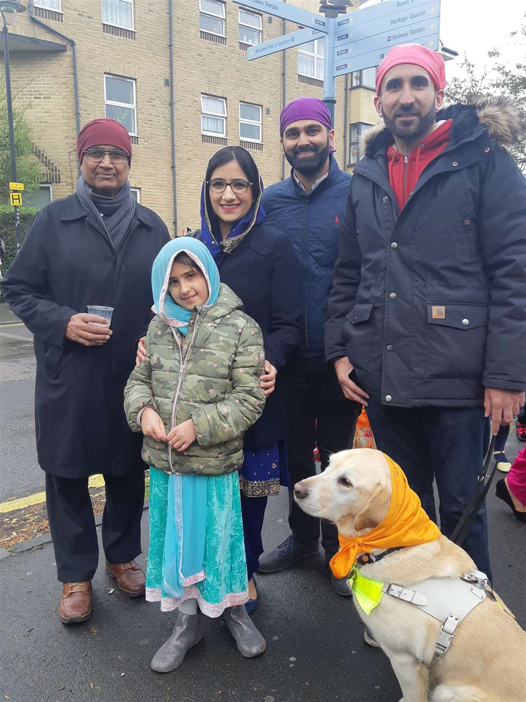 Tarsem Sehmbi, Sofia Sehmbi, Jadgeep Sembhi Gurdeep Sehmbi and Davinder Kullar with Archie the guide dog at Vaisahki 2019