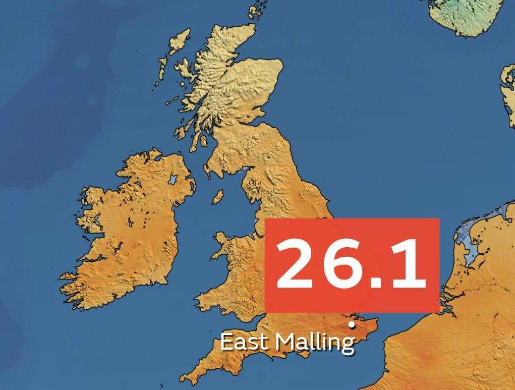East Malling reached 26.1°C during the warm spell in the UK. Picture: Met Office