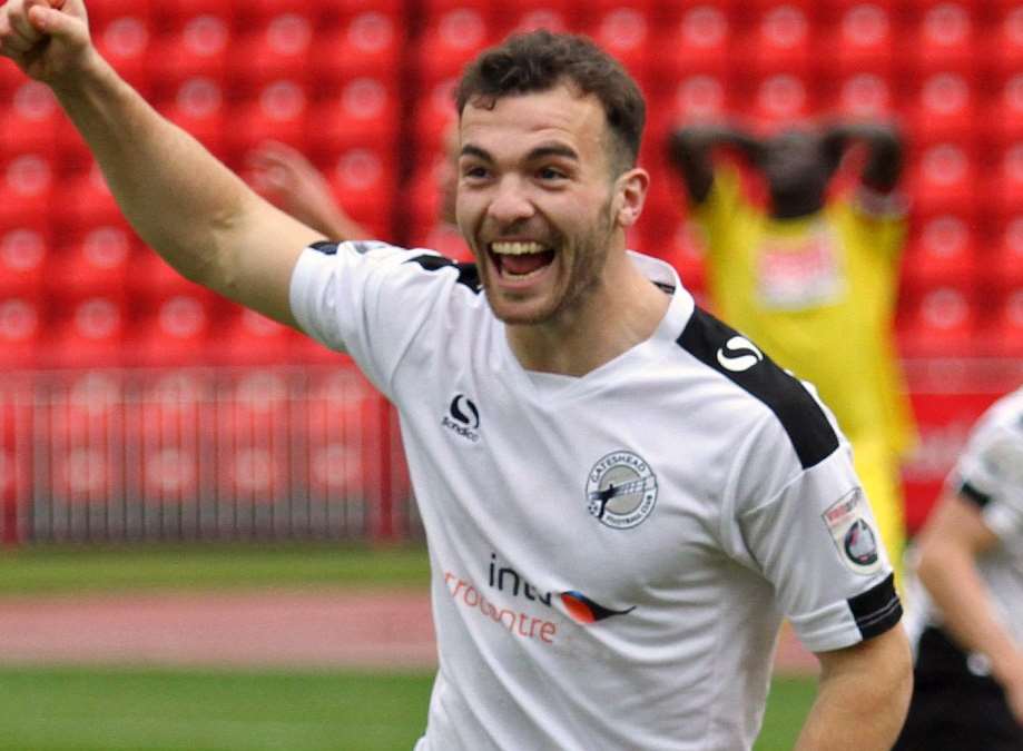 Mitch Brundle celebrates scoring for Gateshead Picture: Charlie Waugh