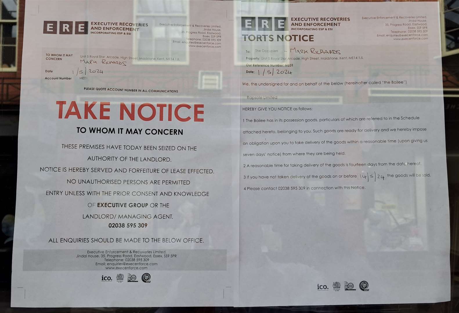 The seizure notice on the door of The iris Hair and Beauty Salon in the Royal Star Arcade