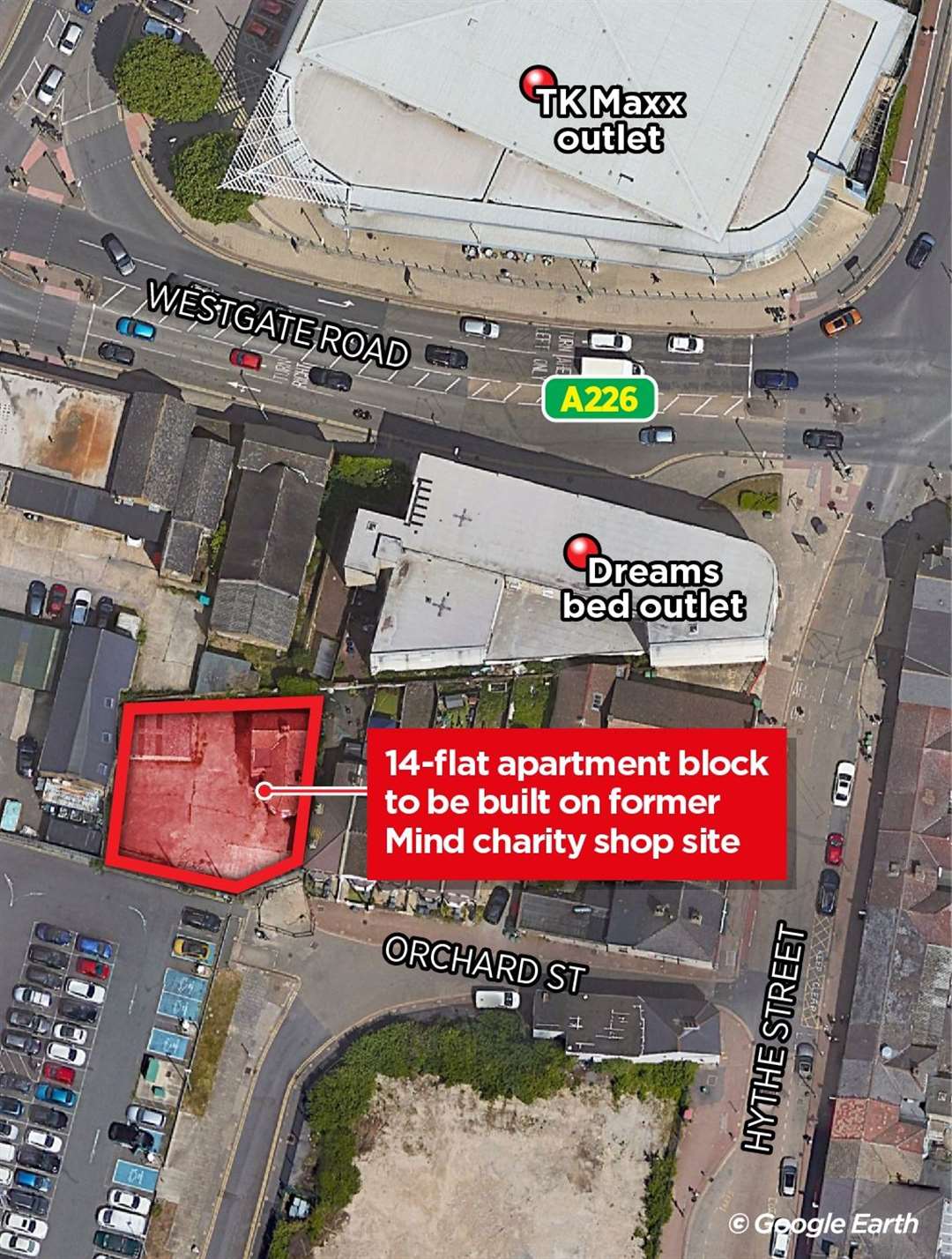 The apartment block will sit directly in front of retailers Dreams and TK Maxx