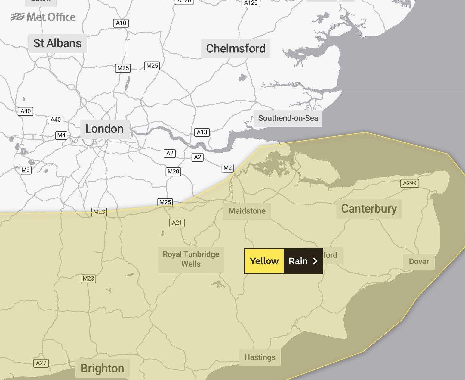 A yellow weather warning for rain has been issued for Kent. Picture: Met Office