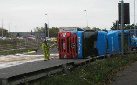 Overturned soup lorry near Ashford