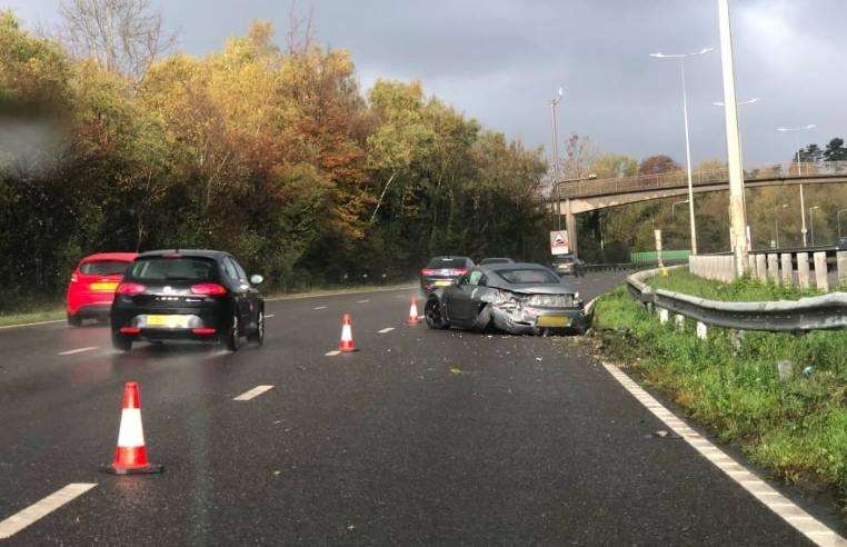 One road blocked after single car crash on the A229, Blue Bell Hill (5054108)