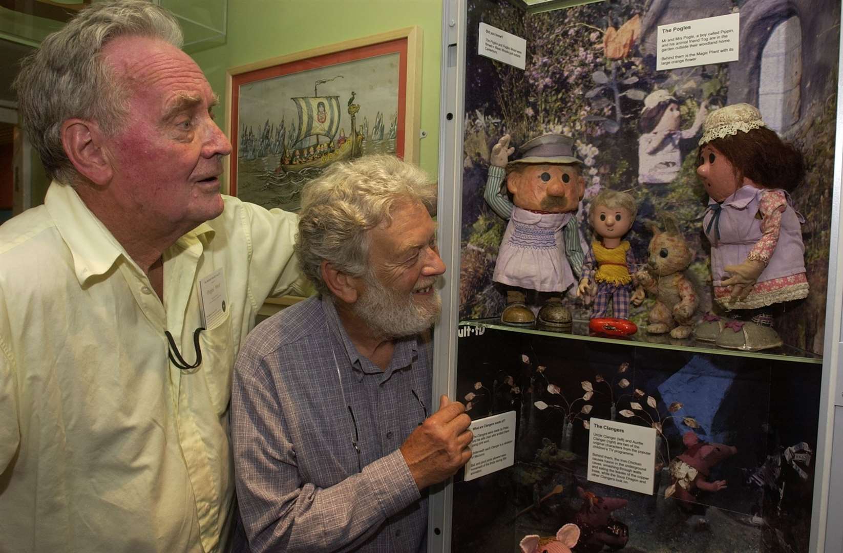 Oliver Postgate and Peter Firmin admire the Bagpuss and Friends display at the Museum of Canterbury which has since closed