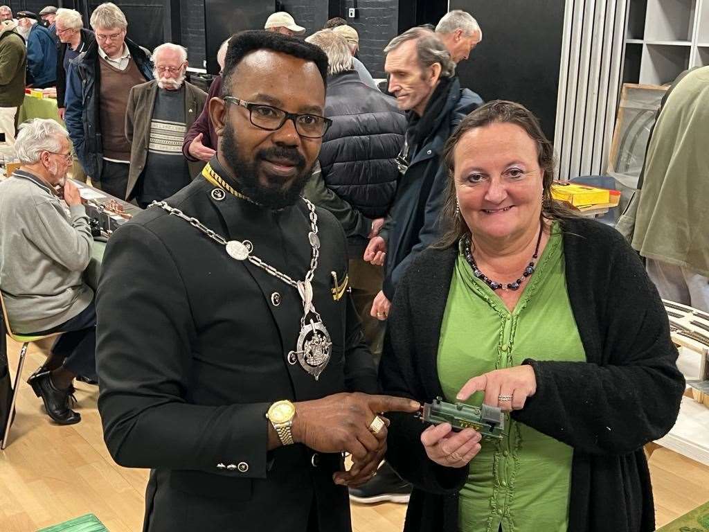 The deputy mayor of Gravesend, Daniel Adewale King, with the first female chair of the Gravesend Rail Enthusiasts Society, Ella Marcar