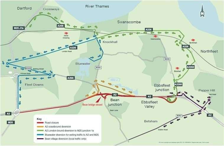 Official diversion routes set by Highways England as part of new bridge over A2 at Bean being installed in major upgrade to A2 network near Bluewater.