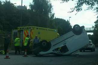An overturned van at the scene of the crash. Picture by Mel Norris.