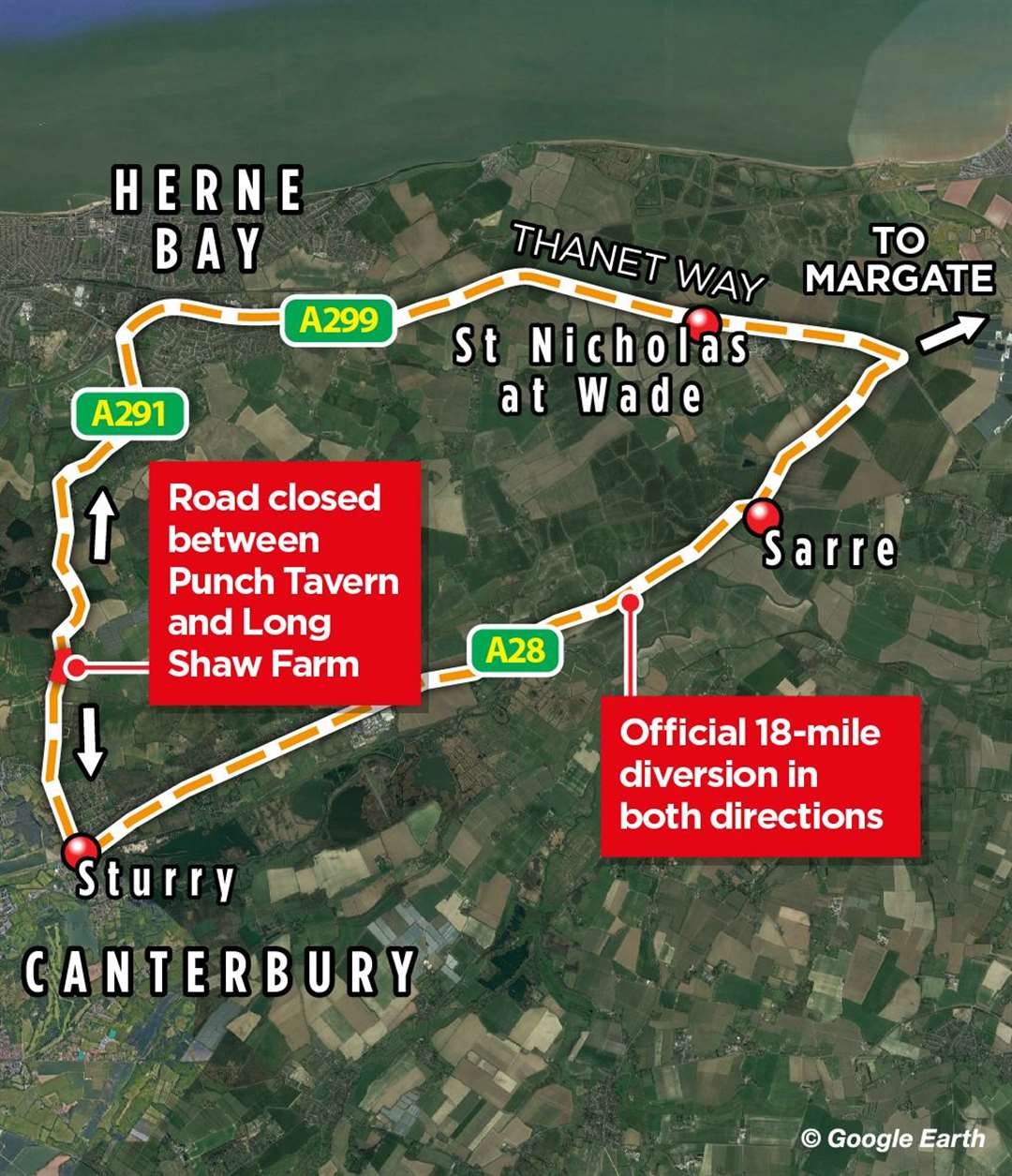 The 18-mile diversion to avoid the A291 closure between Herne Bay and Canterbury