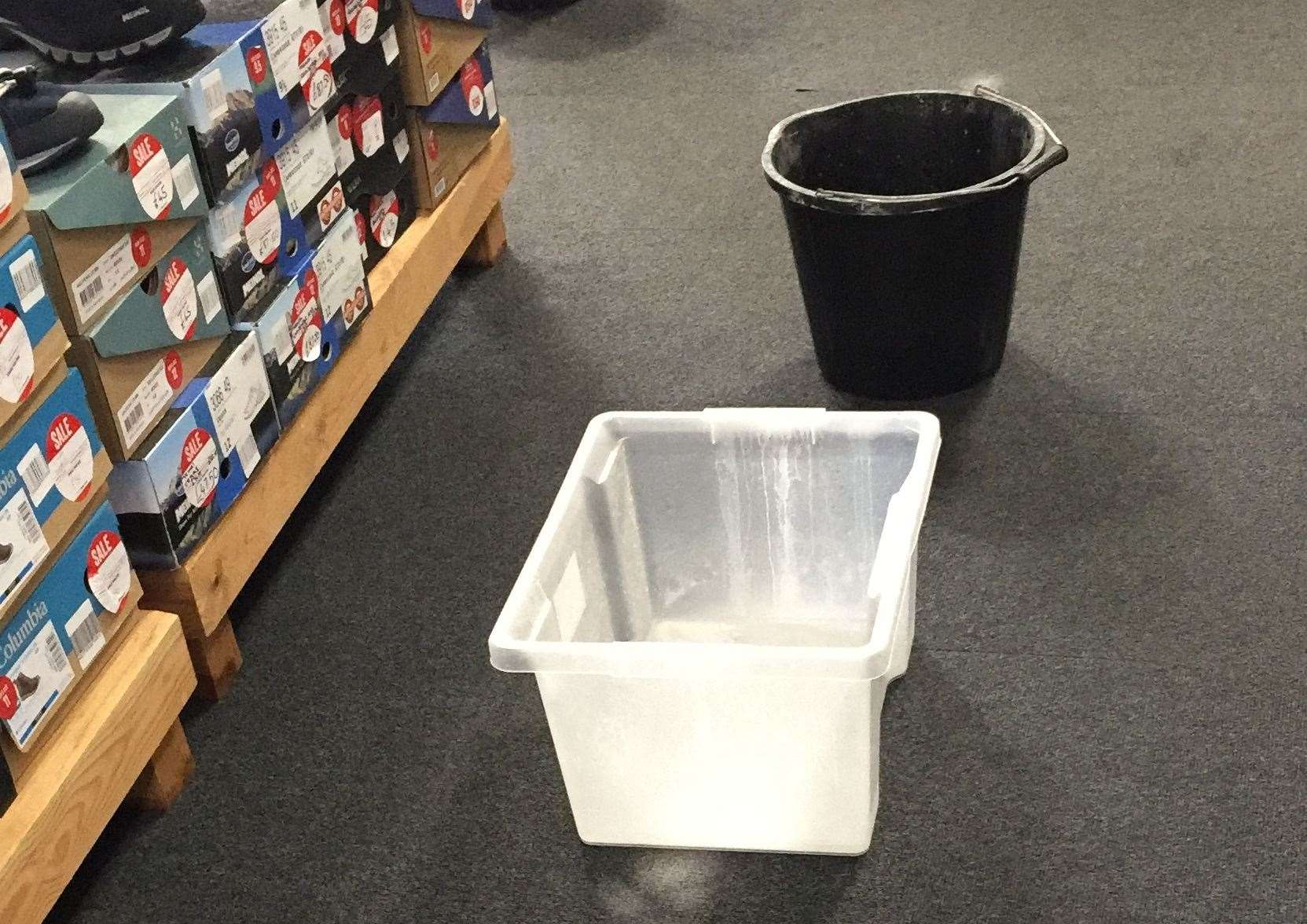 Buckets on the floor of Go Outdoors in The Brook, Chatham (12431689)