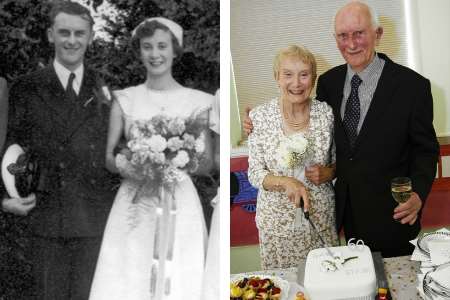 Hazel and Stan Jefferys on their wedding day and right celebrating their 60th wedding anniversary