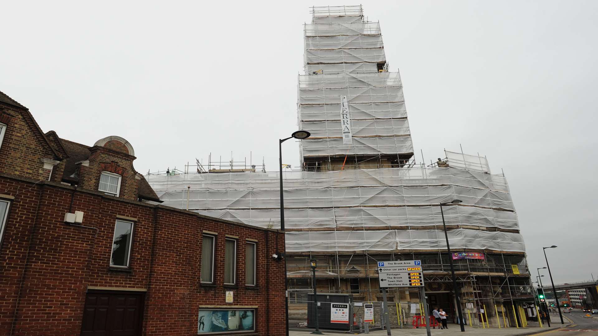 The Brook Theatre is covered in scaffolding