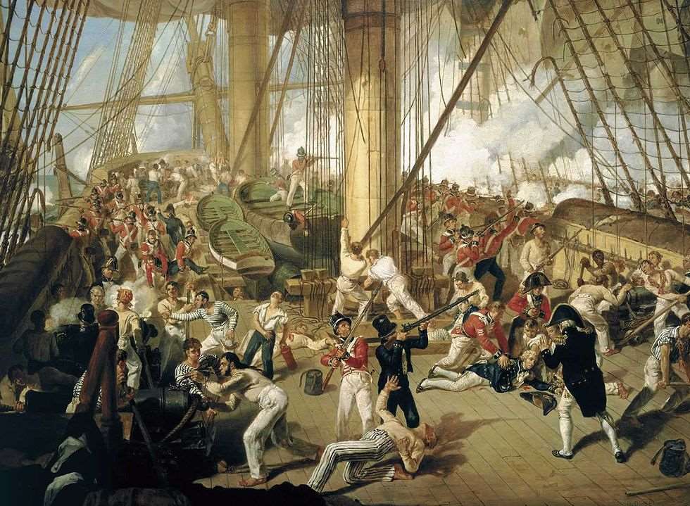 A painting of Lord Nelson being shot on the quarterdeck of HMS Victory