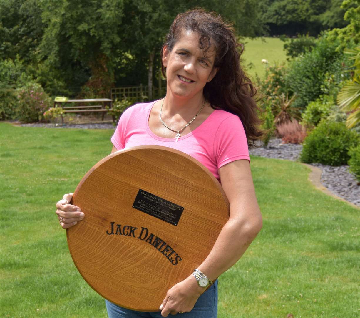 Britain's best BBQer Jackie Weight with her Jack Daniel's World Championship Invitational BBQ Competition 'Grand Champion' trophy from 2004. Picture: SWNS