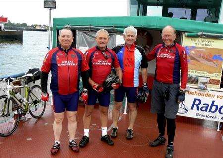 Royal Engineer Ian Wilson (third from right) crossing the Rhine on the Help for Heroes cycling trip before he had a heart attack that killed him.