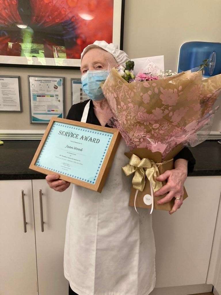 Staff at Eglantine Villa Bupa Care Home surprised 85-year-old kitchen assistant, Jean Wood, with a party to celebrate her 30 year anniversary of working at the home