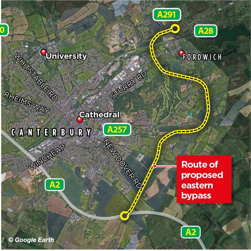 The proposed route of the Canterbury eastern bypass
