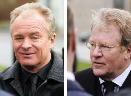 Bobby Davro, left, and Jim Davidson, pay their respects at Dave Lee's funeral