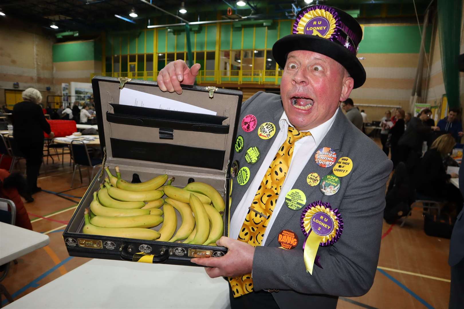Mad Mike Young of the Monster Raving Loony Park and his case of bananas
