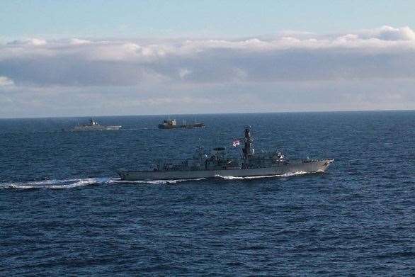 The Royal Navy released pictures of HMS Portland, foreground, tracking the two Russian ships through the English Channel past Dover. Picture: Ministry of Defence