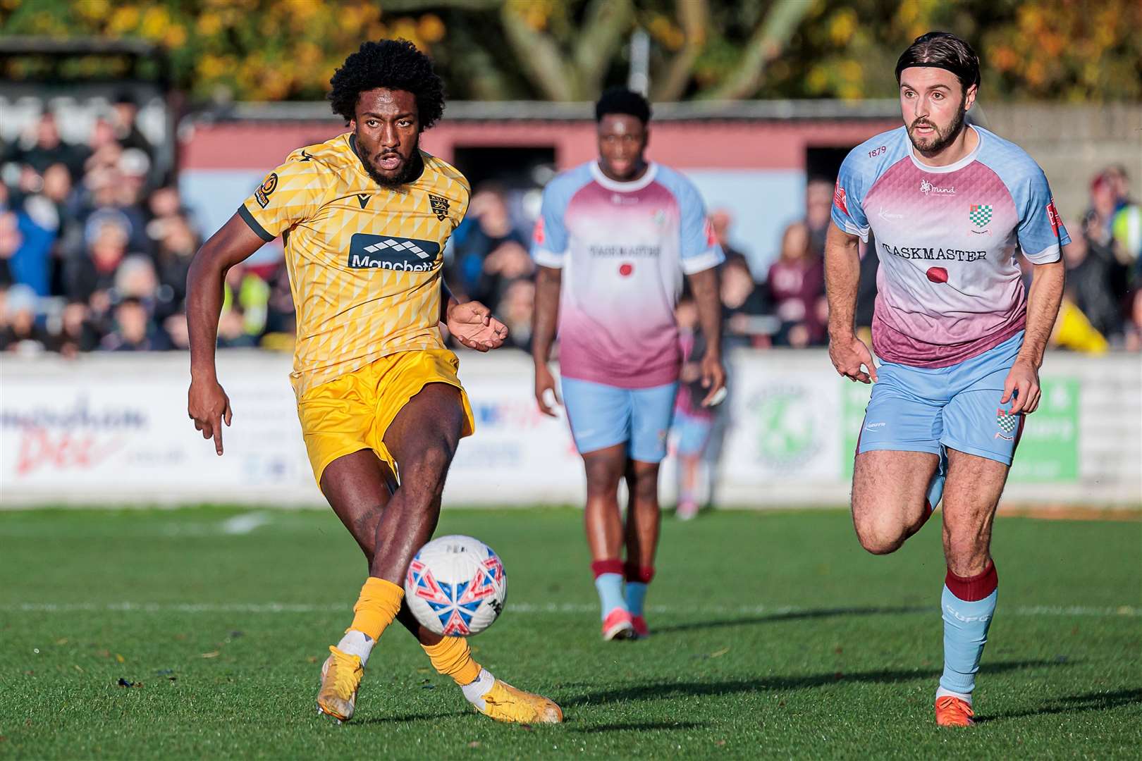 Maidstone’s Devonte Aransibia on the ball at Chesham on Saturday. Picture: Helen Cooper
