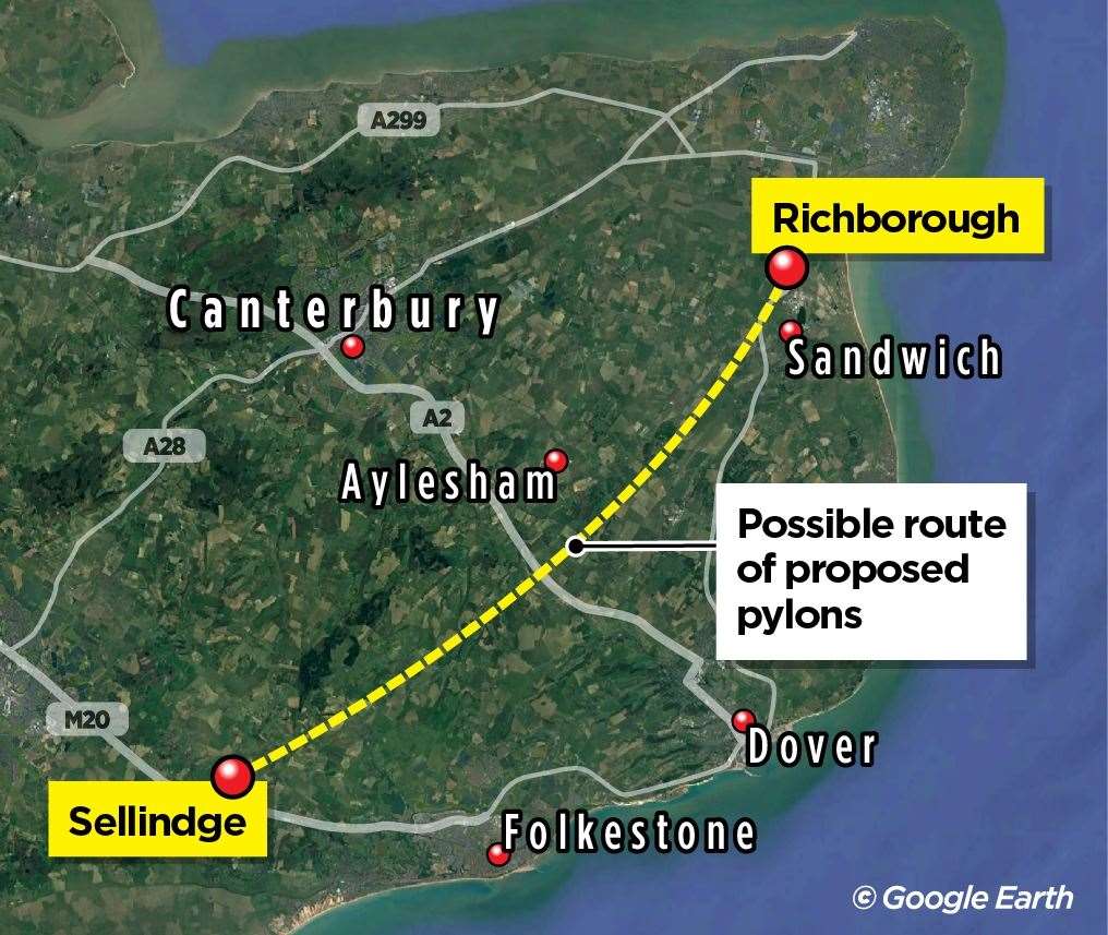 The possible route of new National Grid pylons between Sellindge and Richborough