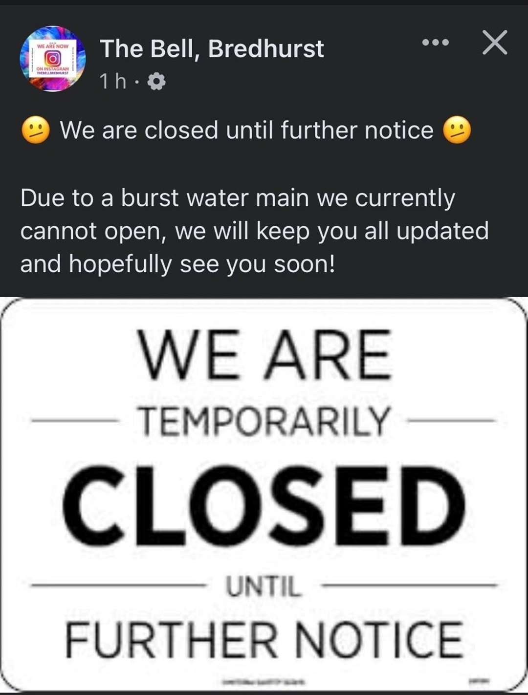The Bell pub at Bredhurst has also been closed by the water main burst. Picture: Facebook