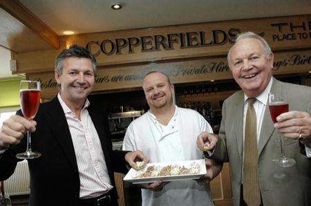 Philip and Frank Thorley with chef Tony Atkins, centre, at the opening of the Copperfield restaurant in Broadstairs