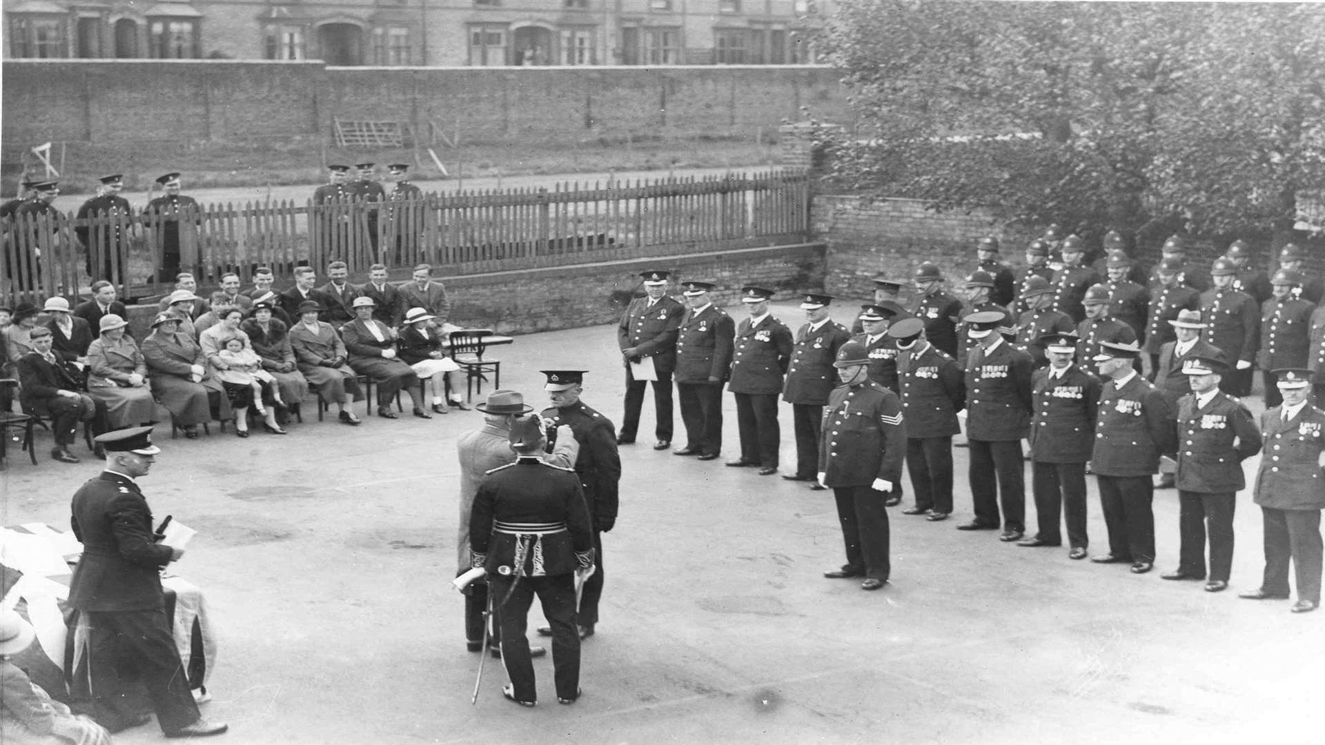 Kent police officers receive medals to mark the Silver Jubilee of King George V in a ceremony at Wrens Cross, Maidstone, in May 1935