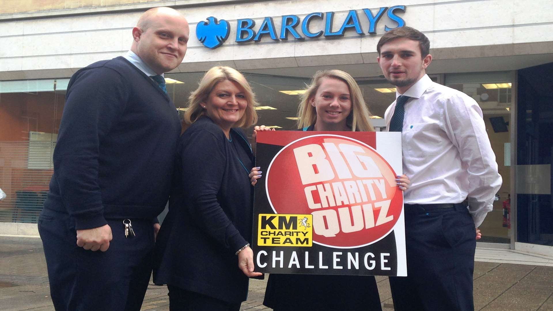 Sam Russell, Canterbury market leader for Barclays, with colleagues Maria Smith, Shay Bartlett and Joseph Mulla celebrating Barclays' support of the Canterbury Big Quiz being staged on April 24.