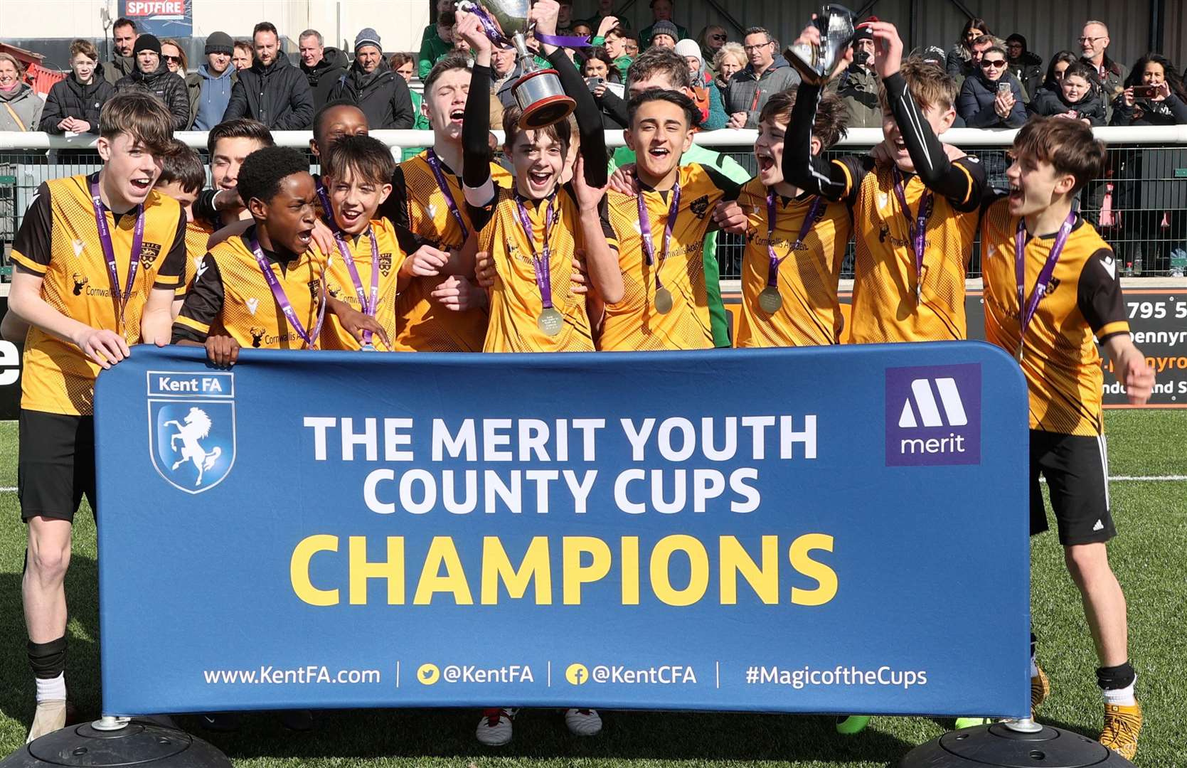 Maidstone United celebrate winning the Kent Merit Under-14 Boys Cup Final. Picture: PSP Images