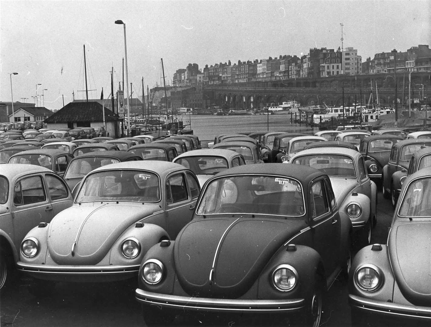 VW Beetle cars in Ramsgate harbour in February 1973
