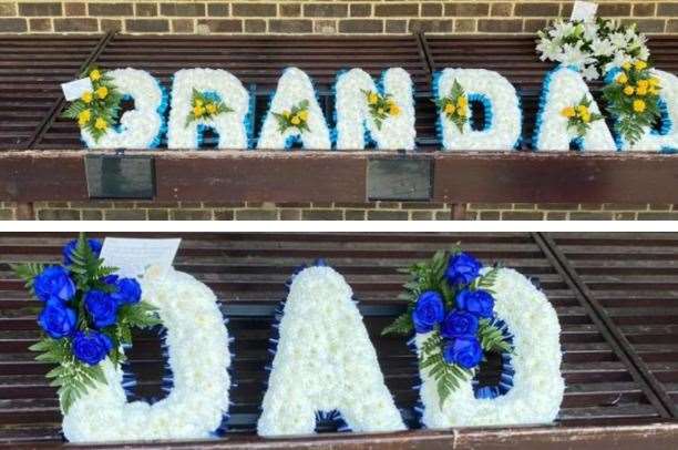 Flowers spelling Grandad and Dad were taken