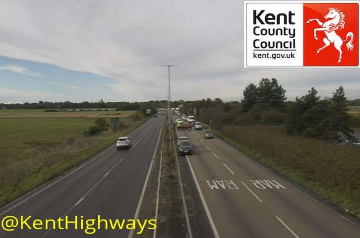 There are delays on the A299 New Thanet Way in St Nicholas at Wade due to a multi-vehicle crash. Picture: Kent Highways