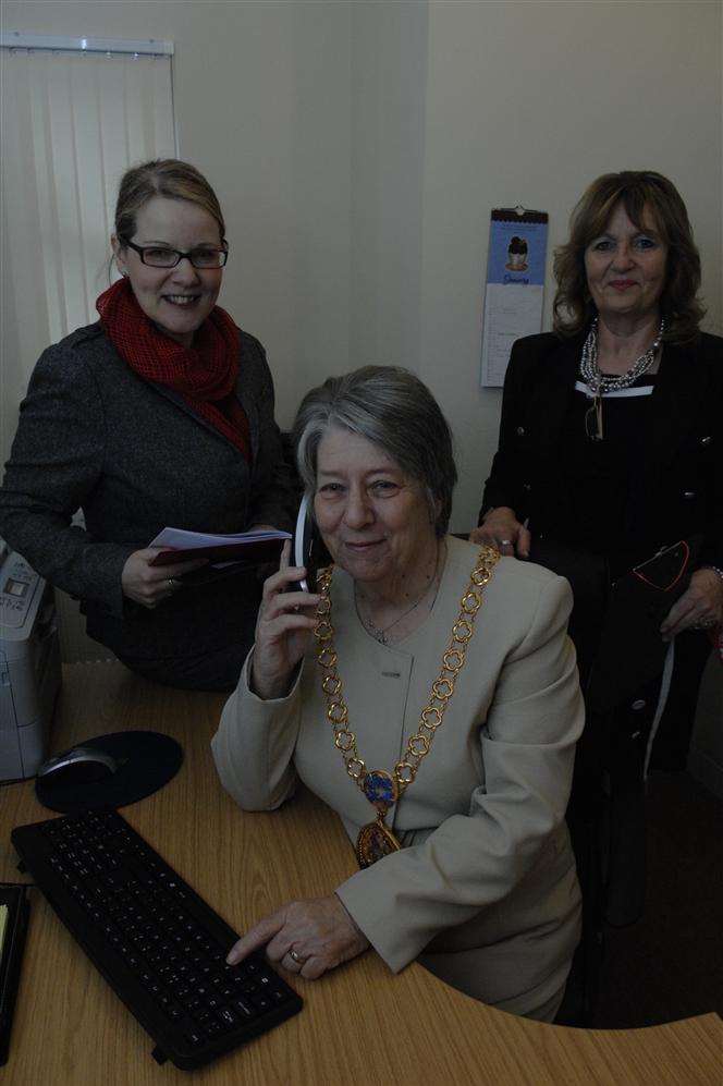 Parish Clerk Trish Codrinton and manager Maeve Hobbs with Mayor of Swale Cllr Sue Gent in reception of the new parish council office