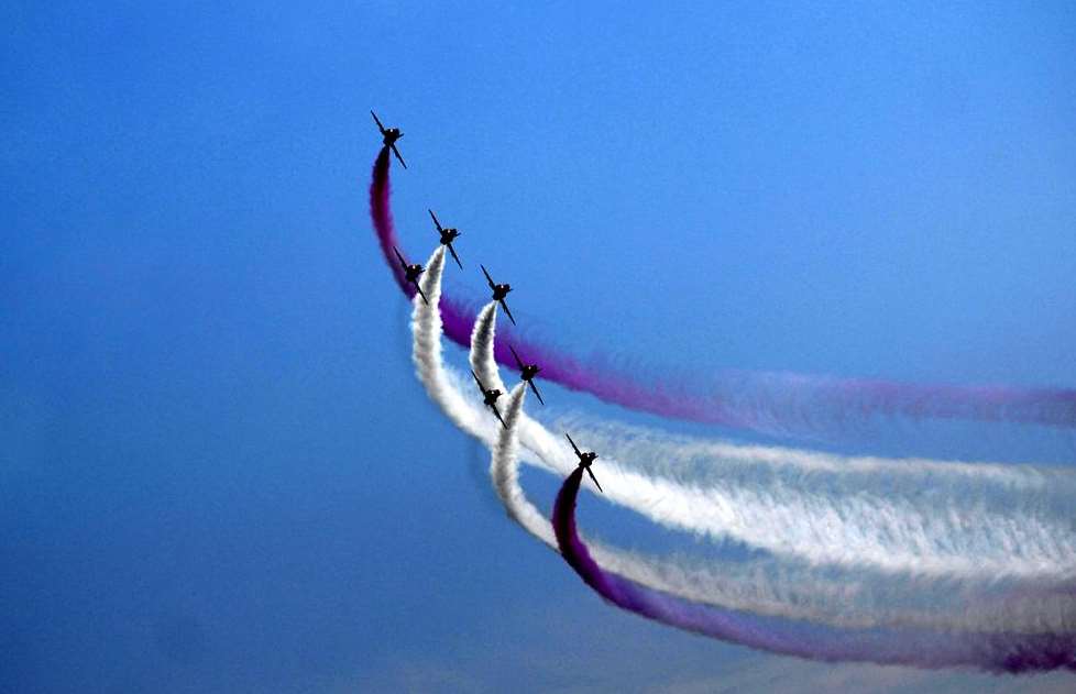 The Red Arrows during the Diamond Jubilee year Folkestone Airshow in 2012.