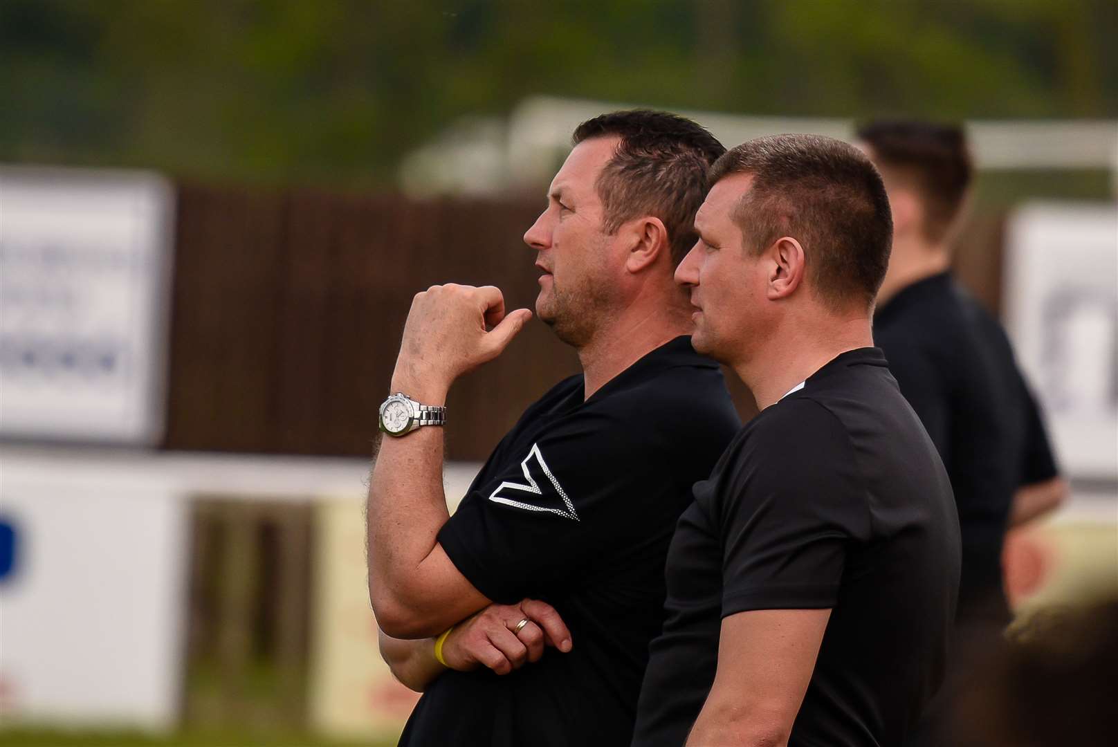Faverham joint managers Phil Miles and Danny Chapman. Faversham (white) host Ramsgate (red) in Bostik South East. Faversham Town FC, Salters Lane, Faversham, ME13 8ND. 220419 Picture: Alan Langley.... (8987438)