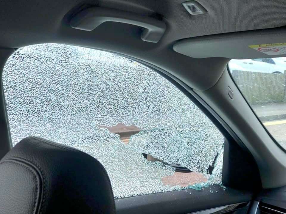 Inside Kabi Cazal's car after it was hit by a catapult user