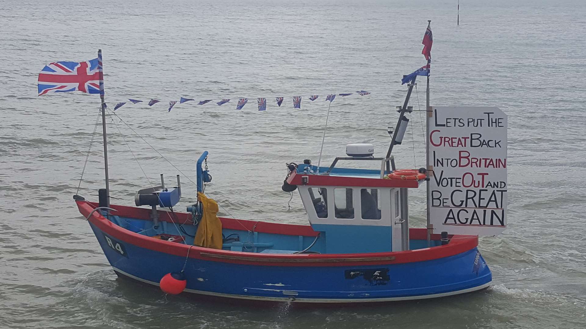 The boat was carrying signs such as 'Let's put the Great back into Britain'