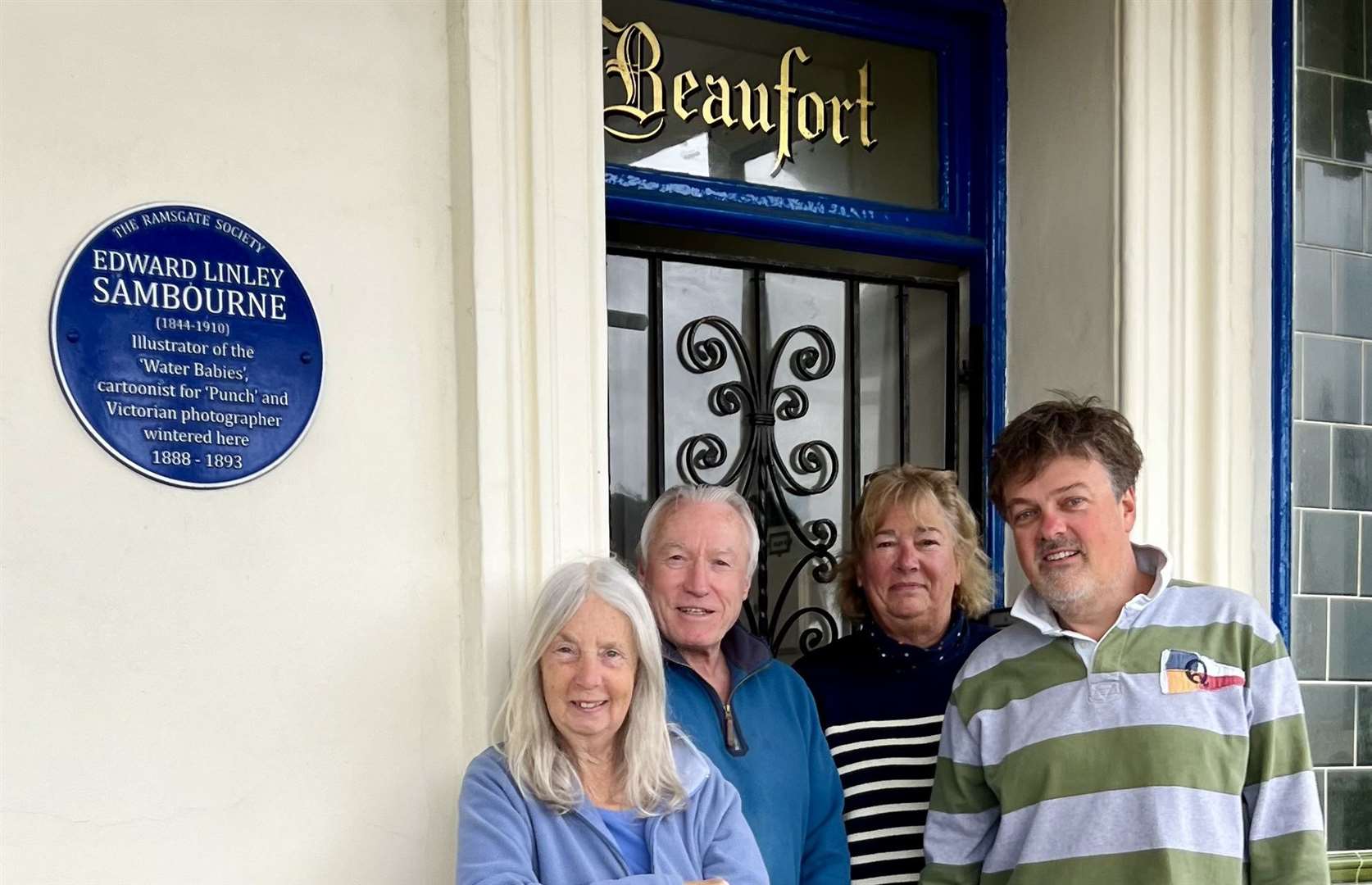 Rossina Harris, Frank Crompton, Fiona and Alex Breightenbach with the plaque outside their Ramsgate homes