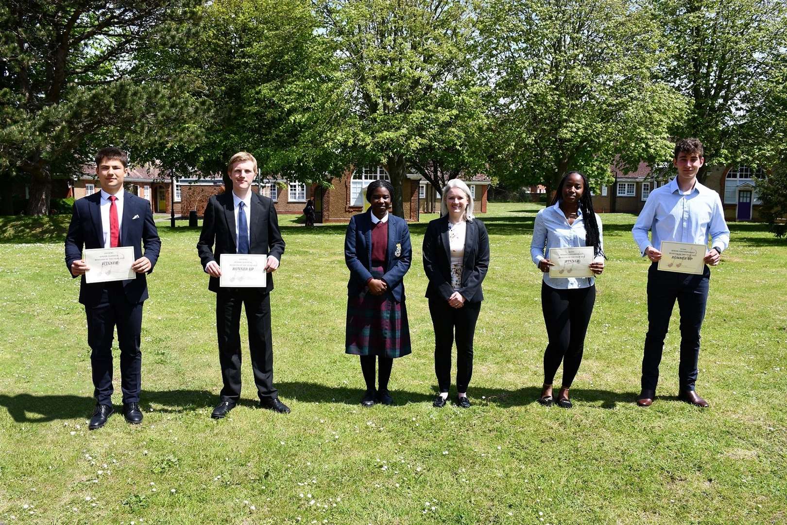 Winners and runners-up, From left: Anton Nogotkov, James Thompson, Ethel Tendo, Steph Godwin, Tisean Crichlow, and Toby Thorne. Picture: Duke of York's Royal Military School, Dover