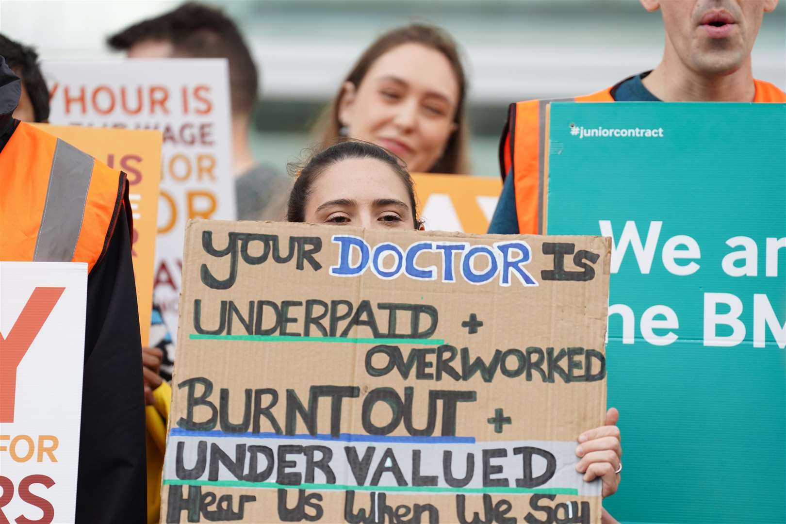 Junior doctors and medical consultants on the picket line outside University College Hospital, London in September (Stefan Rousseau/PA)