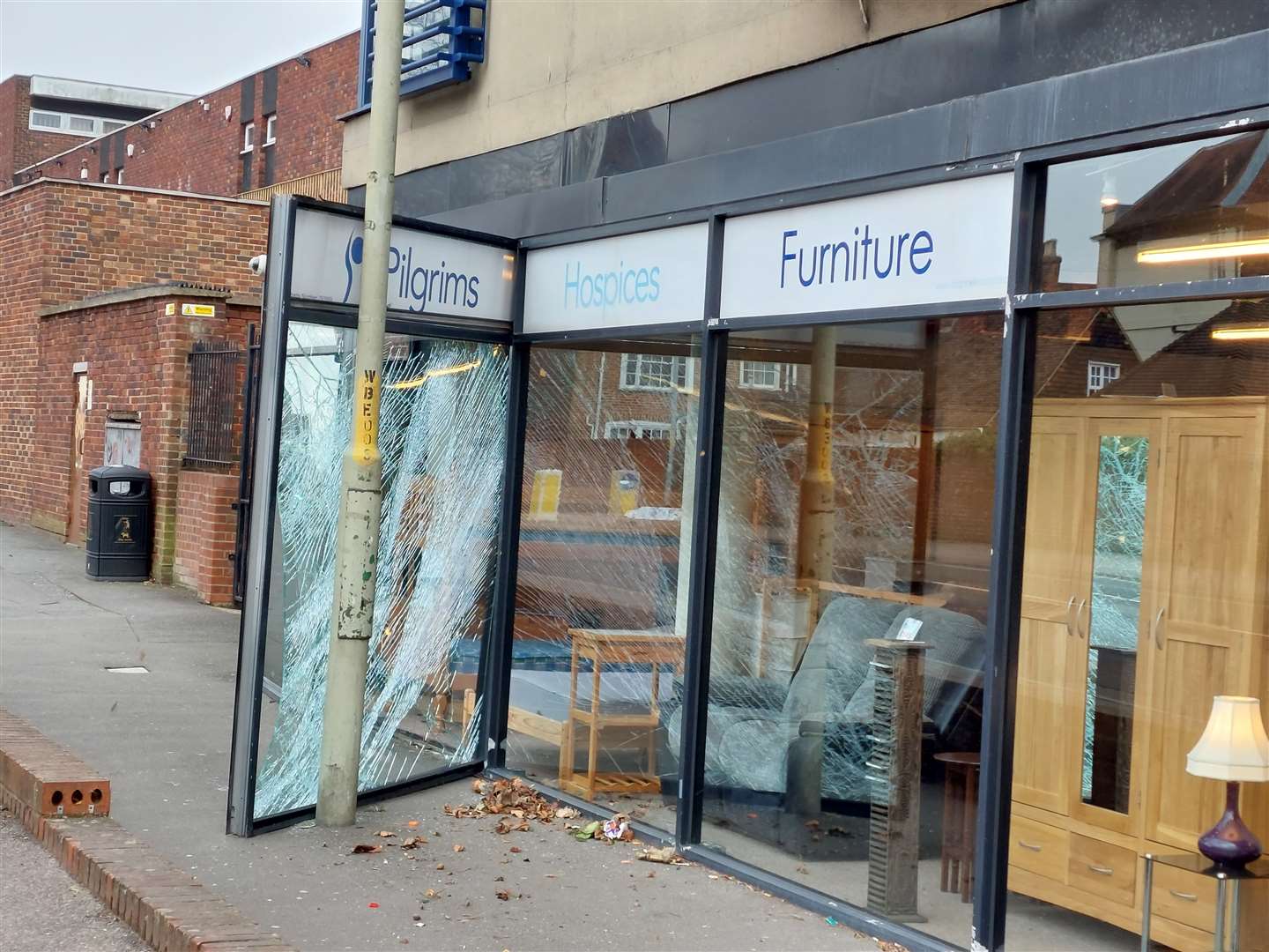The front of the Pilgrims Hospice shop has been badly damaged